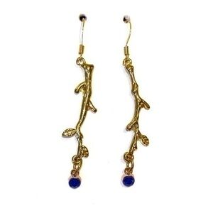 Gold Branch Dangle Earrings with Blue Accent